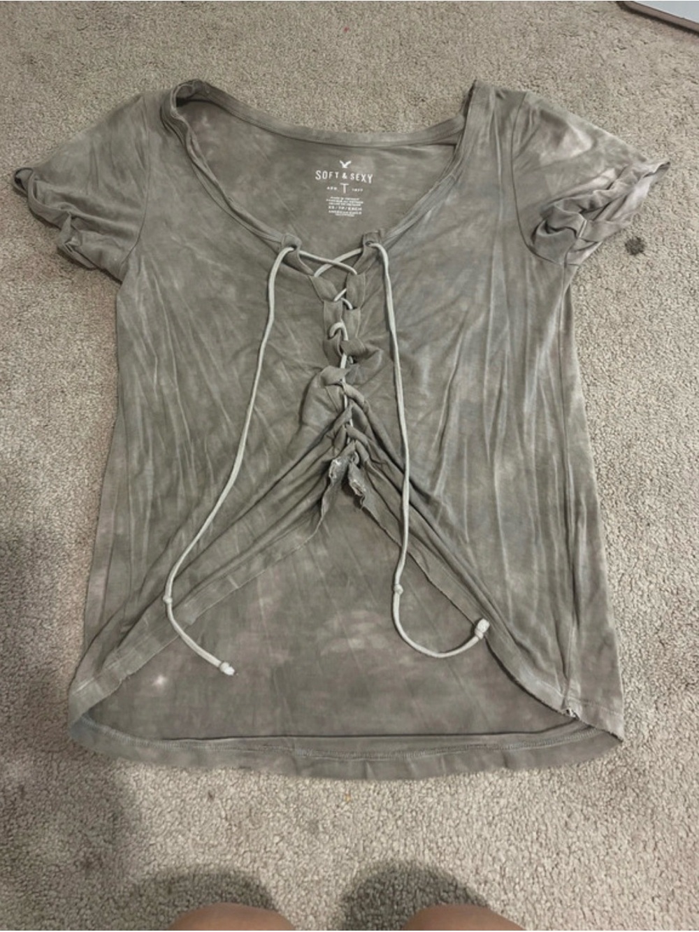 American Eagle Outfitters Women's Lace-Up Short Sleeve Tee in Gray